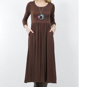 NEW Brown Cotton 3/4 sleeve Empire waist Pocketed Midi- full length Dres…